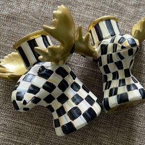 MACKENZIE-CHILDS Courtly Check Moose Candlesticks Set of 2 Black White Gold NEW